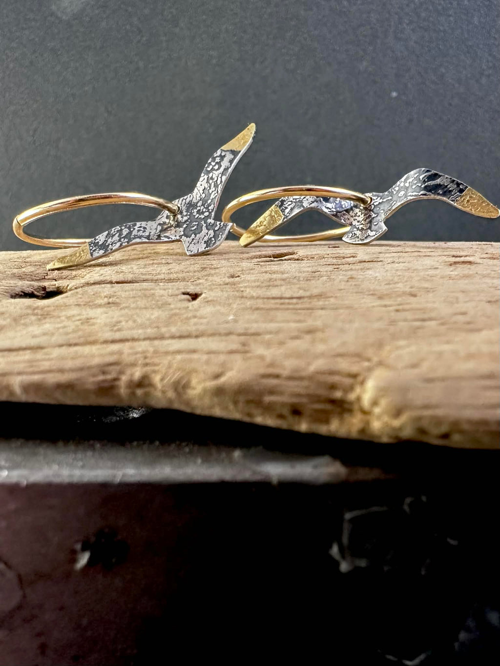 Oiseaux - Boucles d'oreilles sur aneaux or 10 K